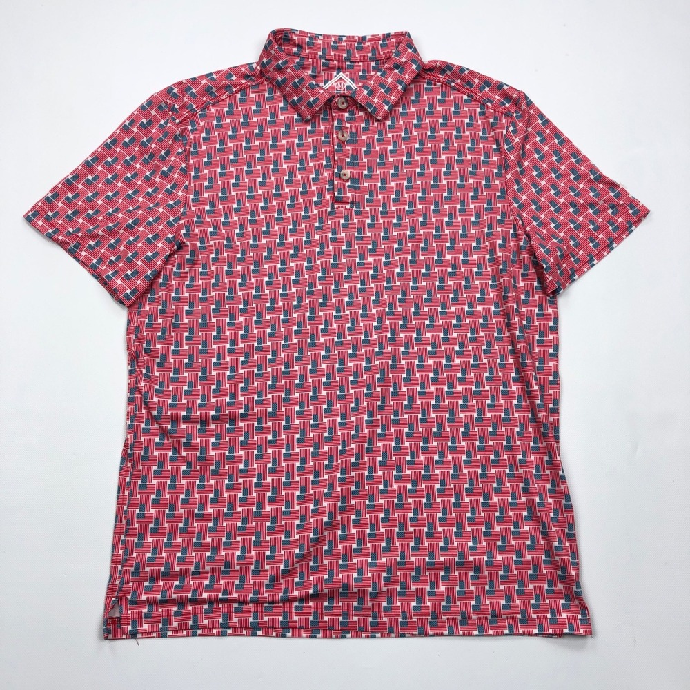 Burlebo Mens American Flag Print Performance Golf Polo Shirt Red Blue Size M